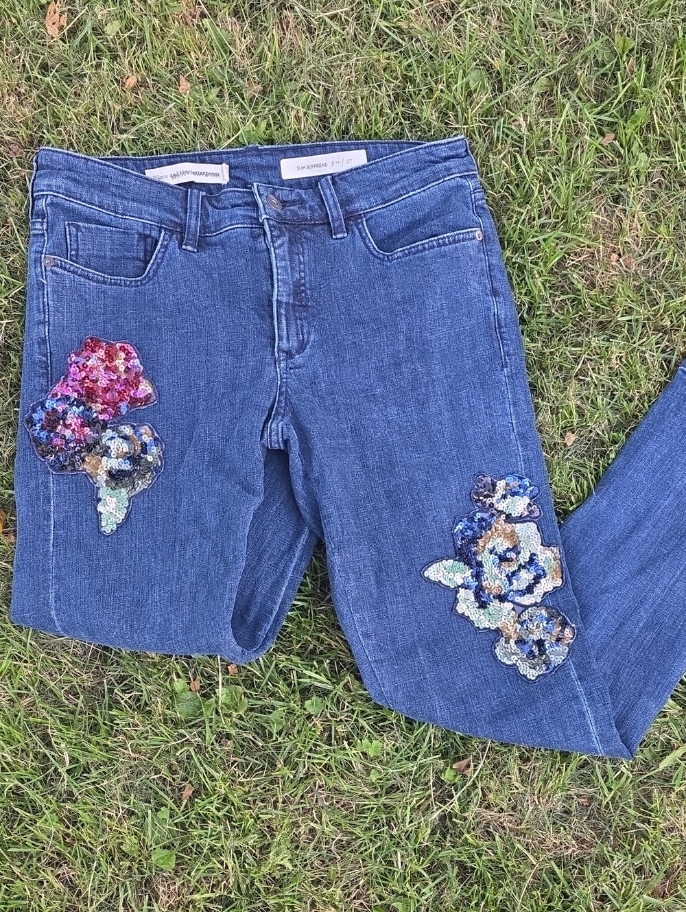 Pilcro For Anthro Sequin Floral Patch Blue Women's Jeans, Size 27